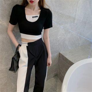 Mock Two-piece Crop T-shirt / Colorblock Straight-cut Pants