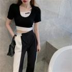 Mock Two-piece Crop T-shirt / Colorblock Straight-cut Pants