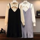 Mock Two-piece Long-sleeve Frill Trim Color Block Knit Dress