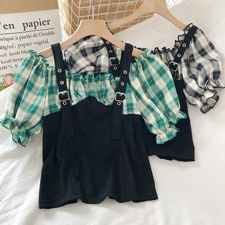 Mock Two-piece Plaid Panel Puff-sleeve Blouse