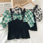 Mock Two-piece Plaid Panel Puff-sleeve Blouse