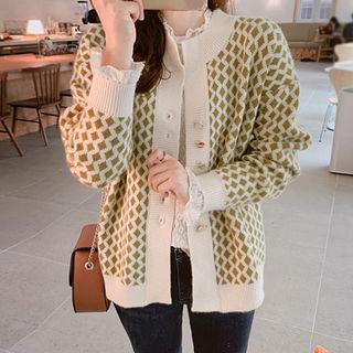 Faux-gem Button Patterned Cardigan