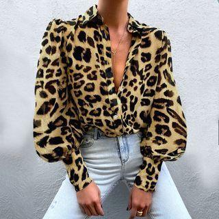 Puff Sleeve Leopard Print Loose-fit Shirt