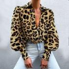 Puff Sleeve Leopard Print Loose-fit Shirt