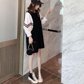 Balloon-sleeve Paneled Striped Pullover Dress