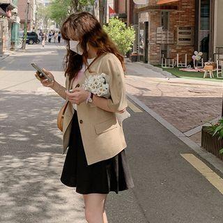 V-neck Puff-sleeve Linen Blend Jacket