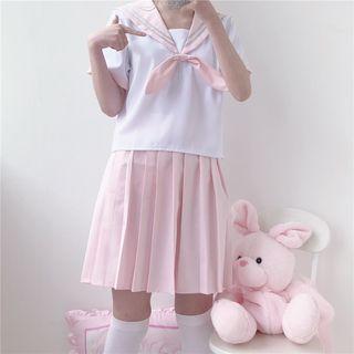 Set: Short Sleeve Sailor Collar T-shirt + Pleated Skirt