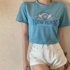 Short-sleeve Letter Embroidered Cropped T-shirt Blue - One Size