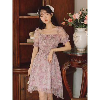 Puff-sleeve Floral Print Chiffon A-line Dress