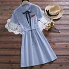 Short-sleeve Striped Embroidered A-line Dress