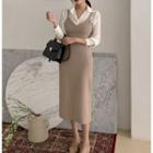 Long-sleeve Plain Shirt / Plain Sleeveless V-neck Midi Dress