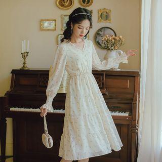 Floral Print Long-sleeve Chiffon V-neck Midi Dress