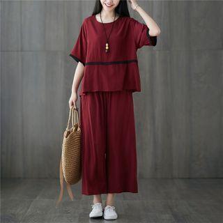 Set: Short-sleeve Contrast Trim T-shirt + Wide-leg Pants
