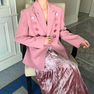 Button Accent Blazer / High-waist Ruffled Pleated Skirt