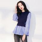 Mock Two-piece Striped Panel Blouse Blue - One Size