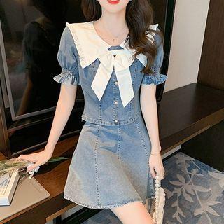 Set: Puff-sleeve Denim Blouse + A-line Skirt