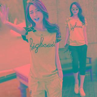 Set: Lettering Short-sleeve T-shirt + Crop Sweatpants