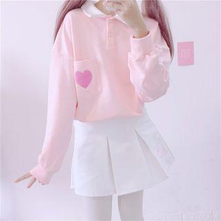 Heart Embroidered Polo Sweatshirt Pink - One Size