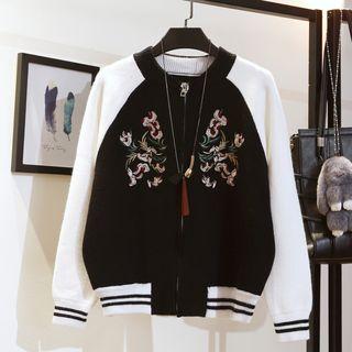 Embroidered Raglan Knit Baseball Jacket