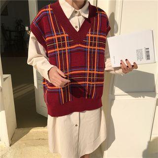 Plain Shirtdress / Plaid V-neck Knit Vest