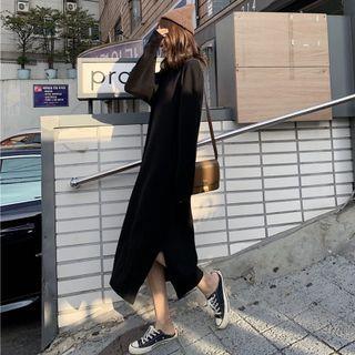 Turtleneck Knit Slit Midi Shift Dress