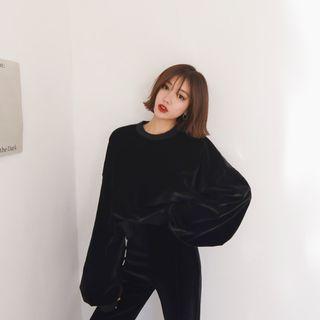 Puff-sleeve Cropped Velvet Pullover