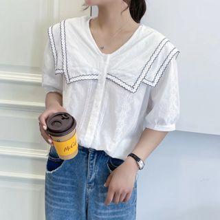 Puff-sleeve Embroidered Trim Blouse White - One Size