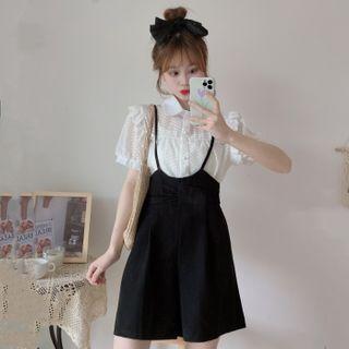 Sheer Lace Trim Blouse / Wide Leg Jumper Pants
