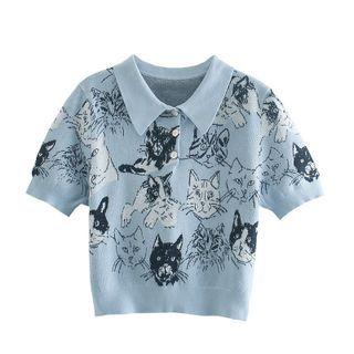 Cat Printed Short-sleeve Knit Top