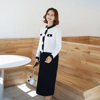 Corsage Cardigan & Pleat Skirt Knit Set