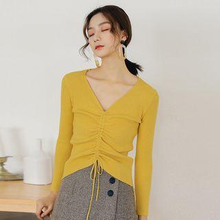 V-neck Drawstring Knit Top Yellow - One Size