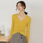 V-neck Drawstring Knit Top Yellow - One Size