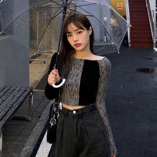 Long-sleeve Color Block Crop Top Stripes - Gray & Black - One Size