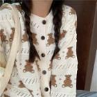 Bear Printed Knit Cardigan As Shown In Figure - One Size