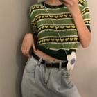 Heart Short-sleeve Knit Top Green - One Size