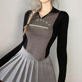 Long-sleeve V-neck Lettering Crop Polo Shirt