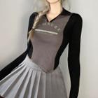 Long-sleeve V-neck Lettering Crop Polo Shirt