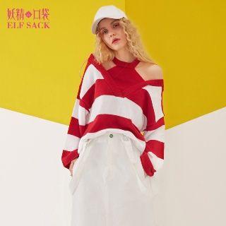 Cutout Shoulder Wide-stripe Sweater