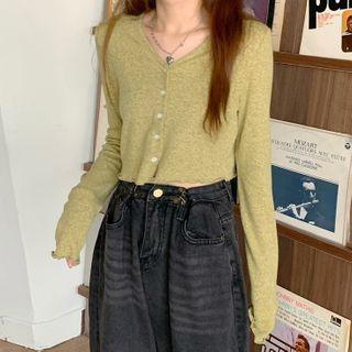 V-neck Knit Top T-shirt - Green - One Size