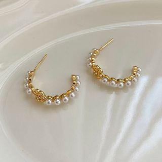 Faux Pearl Hook Earring 1 Pair - Silver Stud - Gold - One Size