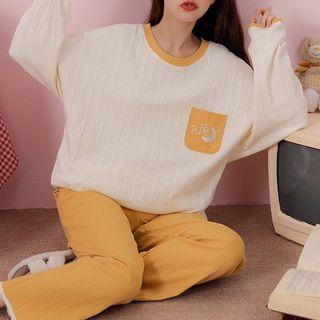 Loungewear Set : Contrast Trim Long-sleeve Moon Print Top + Pants