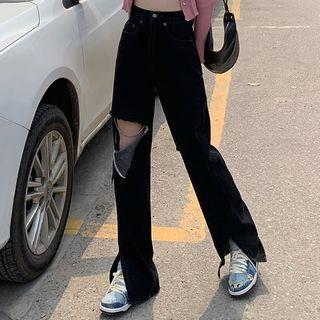 Distressed Side-slit Straight Leg Jeans