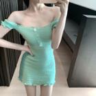 Off-shoulder Pointelle-knit Mini Bodycon Dress Mint Green - One Size