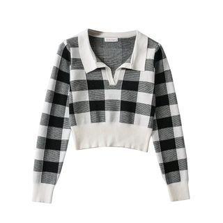 Open-collar Gingham Cropped Sweater