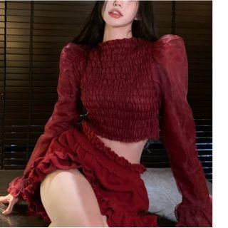 Puff-sleeve Smocked Blouse / Ruffled Shorts