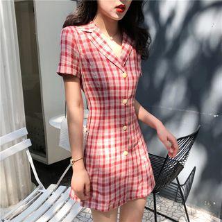 Plaid Short-sleeve Lapel Collar Buttoned A-line Dress