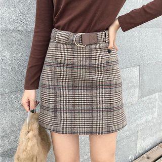 Check Woolen A-line Skirt