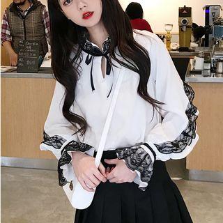 Lace Trim Bell Sleeve Top White - One Size