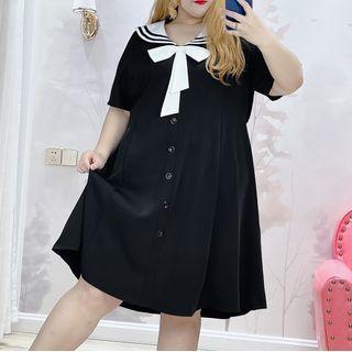 Plus Size Short-sleeve Collar Bow Accent Smock Dress / Midi Dress