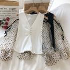 Long-sleeve Dotted Mesh V-neck Blouse